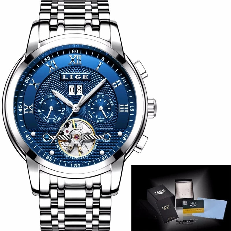 LIGE Mens Watch Luxury Business Automatic Mechanical Watch Waterproof +Box