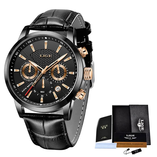 LIGE Leather Chronograph Waterproof Automatic Date Quartz Black gold L