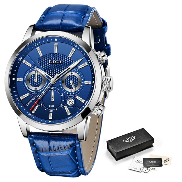 LIGE Leather Chronograph Waterproof Automatic Date Quartz Silver blue L
