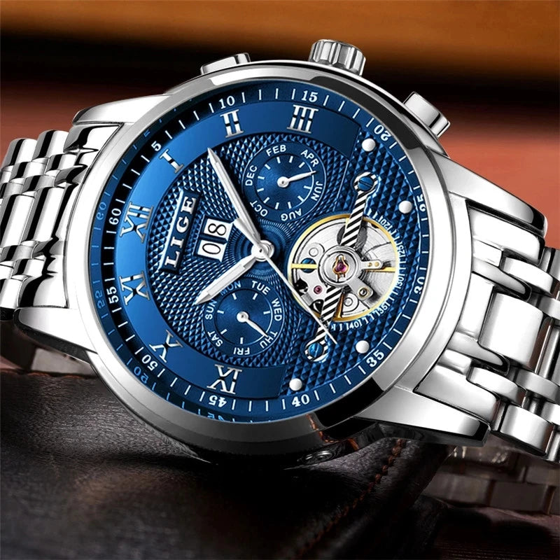 LIGE Mens Watch Luxury Business Automatic Mechanical Watch Waterproof +Box