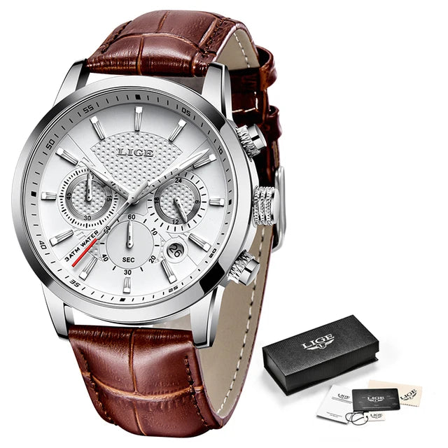 LIGE Leather Chronograph Waterproof Automatic Date Quartz Silver white L