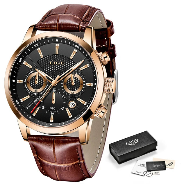 LIGE Leather Chronograph Waterproof Automatic Date Quartz Gold black L