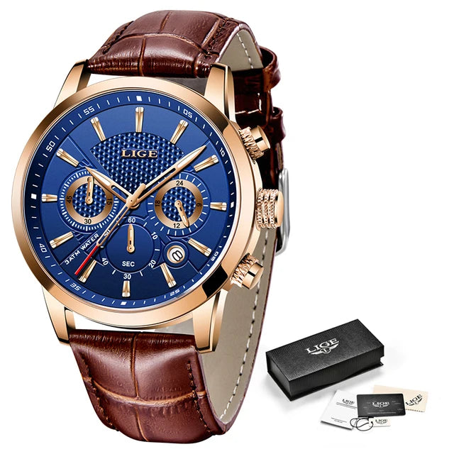 LIGE Leather Chronograph Waterproof Automatic Date Quartz Gold blue L 1