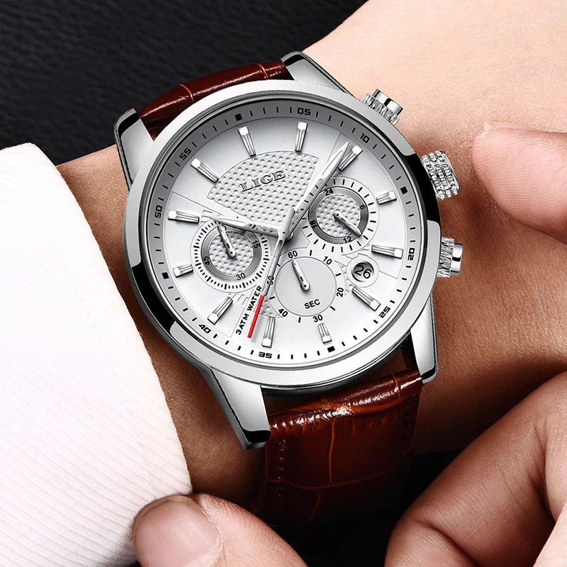 LIGE Leather Chronograph Waterproof Automatic Date Quartz