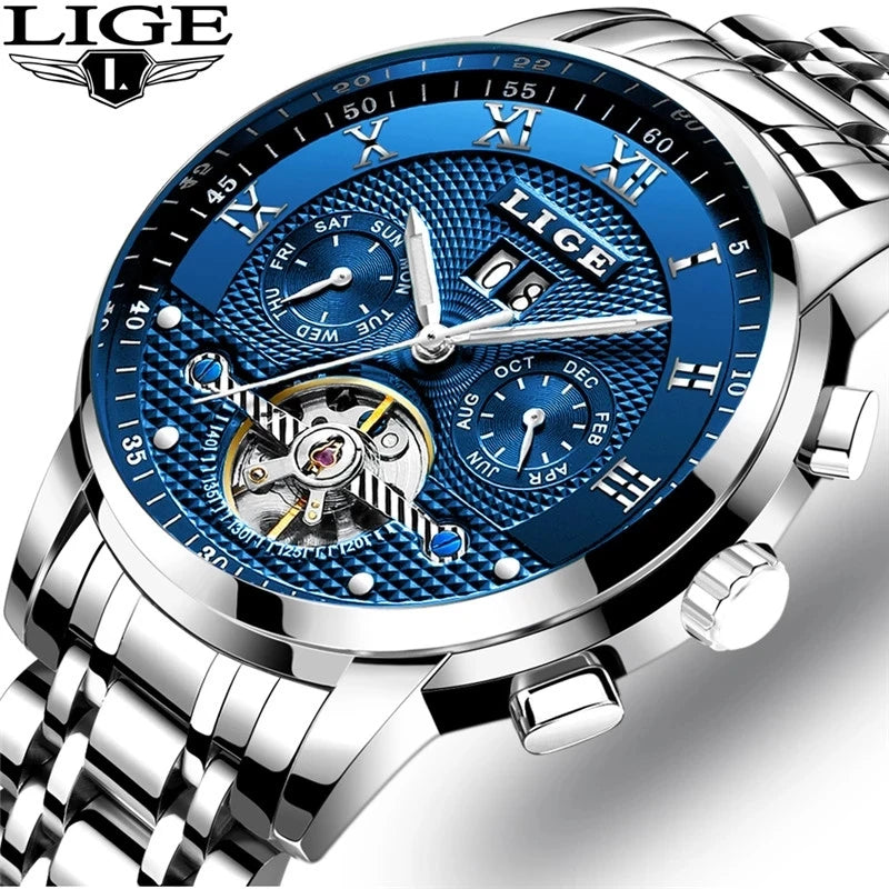 LIGE Mens Watch Luxury Business Automatic Mechanical Watch Waterproof +Box