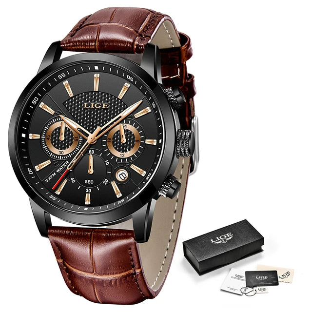 LIGE Leather Chronograph Waterproof Automatic Date Quartz All black L