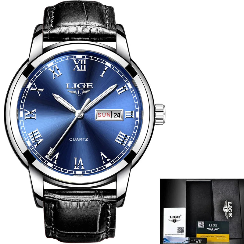 LIGE Leather Chronograph Waterproof Automatic Date Quartz Silver blue L 1