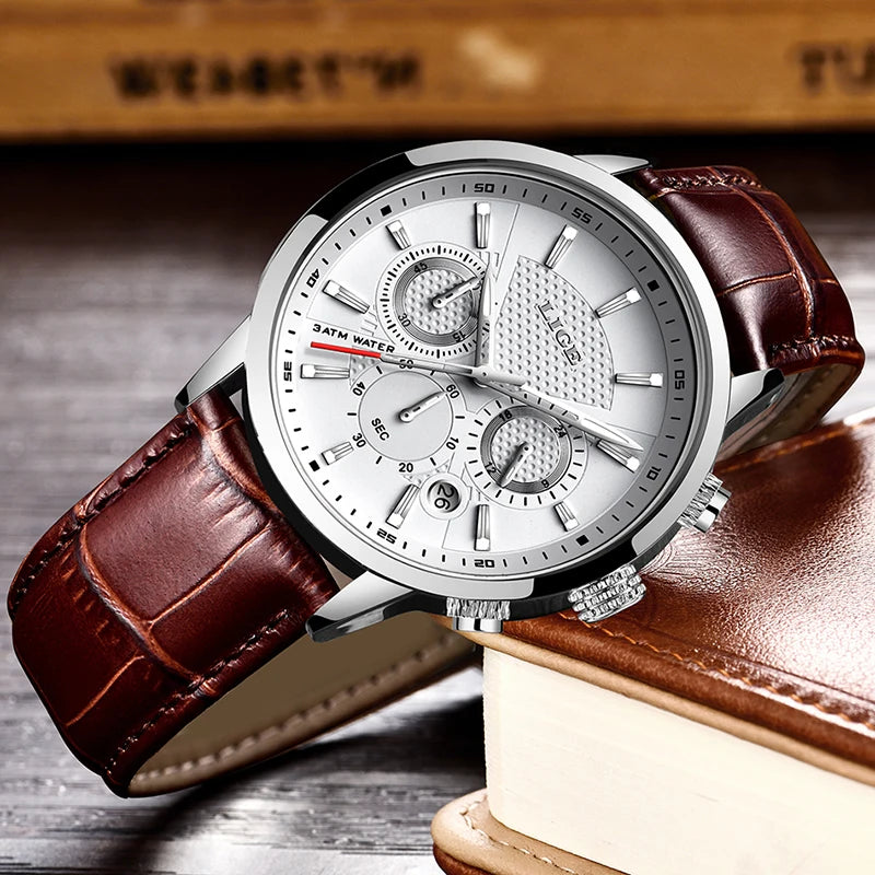 LIGE Leather Chronograph Waterproof Automatic Date Quartz