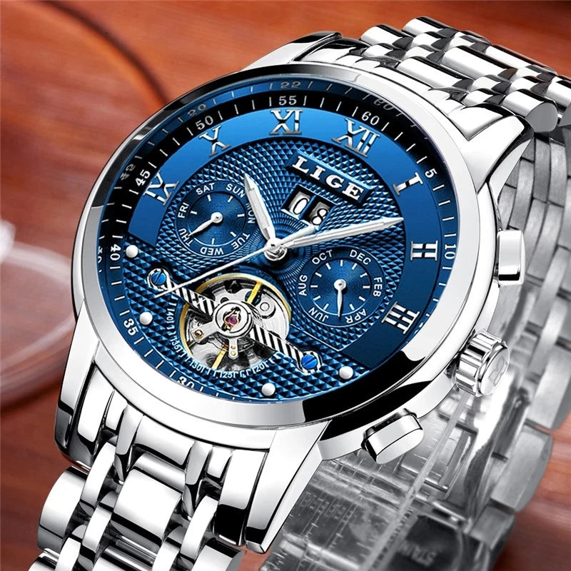 LIGE Mens Watch Luxury Business Automatic Mechanical Watch Waterproof +Box