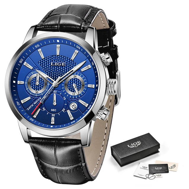LIGE Leather Chronograph Waterproof Automatic Date Quartz Silver blue L 2