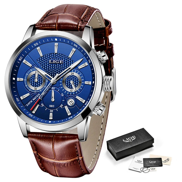 LIGE Leather Chronograph Waterproof Automatic Date Quartz Silver blue L 3