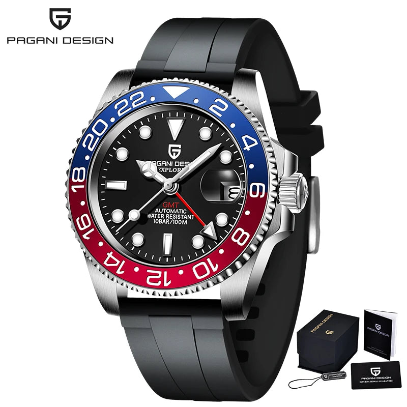 PAGANI DESIGN 40mm Luxury Men Mechanical Wristwatch Stainless Steel GMT Sapphire Glass rubber blue red