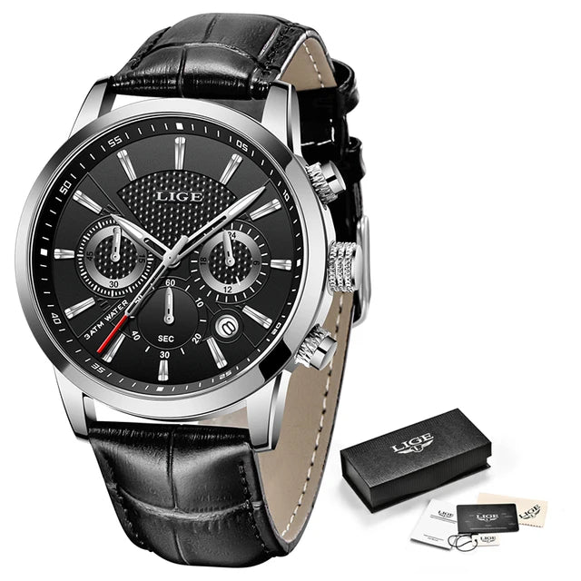 LIGE Leather Chronograph Waterproof Automatic Date Quartz Silver black L