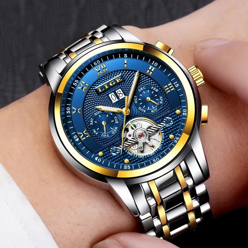 LIGE Mens Watch Luxury Business Automatic Mechanical Watch Waterproof +Box