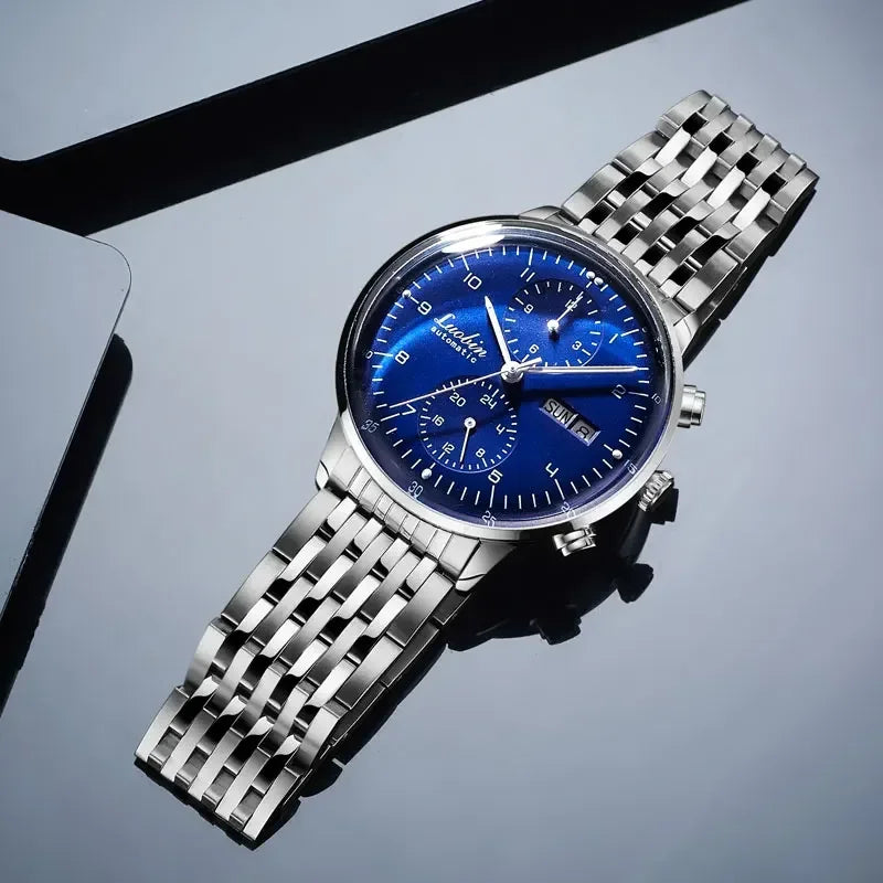 Mens Fashion Mechanical Watch Automatic Wristwatch Stainless Steel Blue on silver