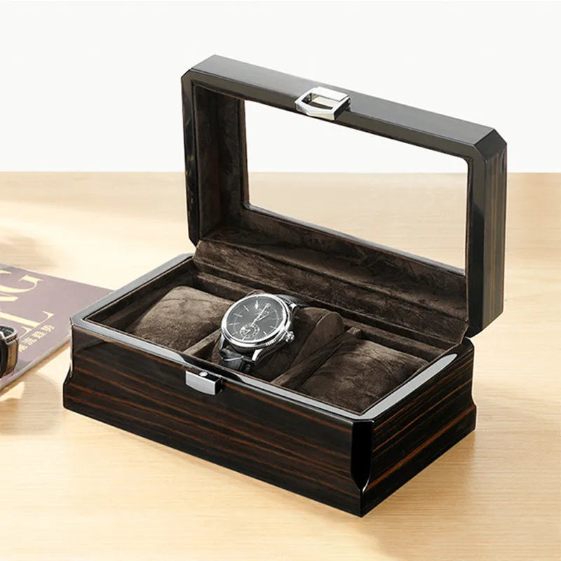 Luxury Wood Grain Watch Box 3 Slots Quartz