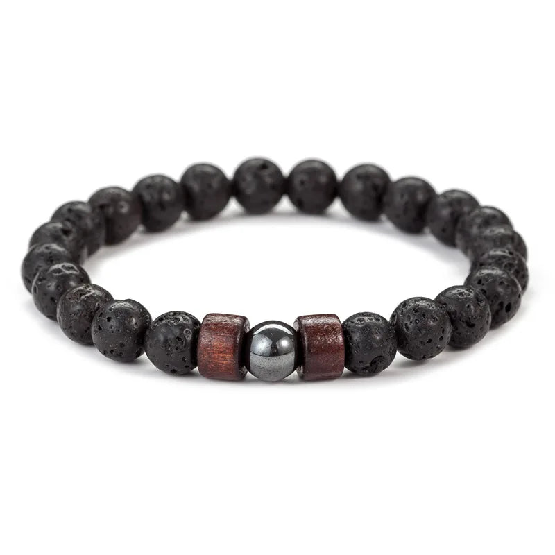 8mm Volcanic Stone Bracelet for Men Lava Wooden Beads Bracelet Tibetan Buddha style2 19cm