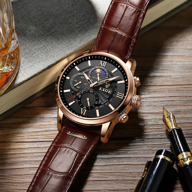 LIGE Watches Mens Luxury Waterproof Quartz Chronograph+Box