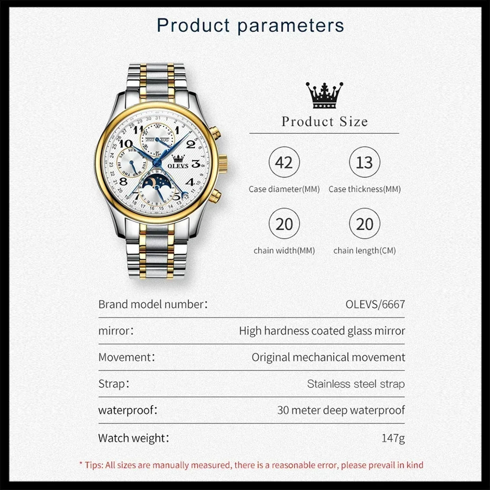 OLEVS Automatic Movement Watch Stainless Steel Multiple Calendar Moon Phase