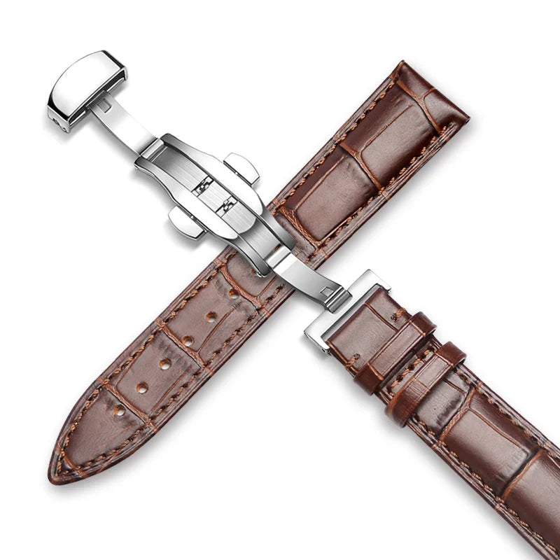 22mm Watch Band Calf Genuine Leather Alligator Grain 18mm 20mm Watch Strap+Box bracelet wristband for Tissot Seiko galaxy 46mm Silver-Brown
