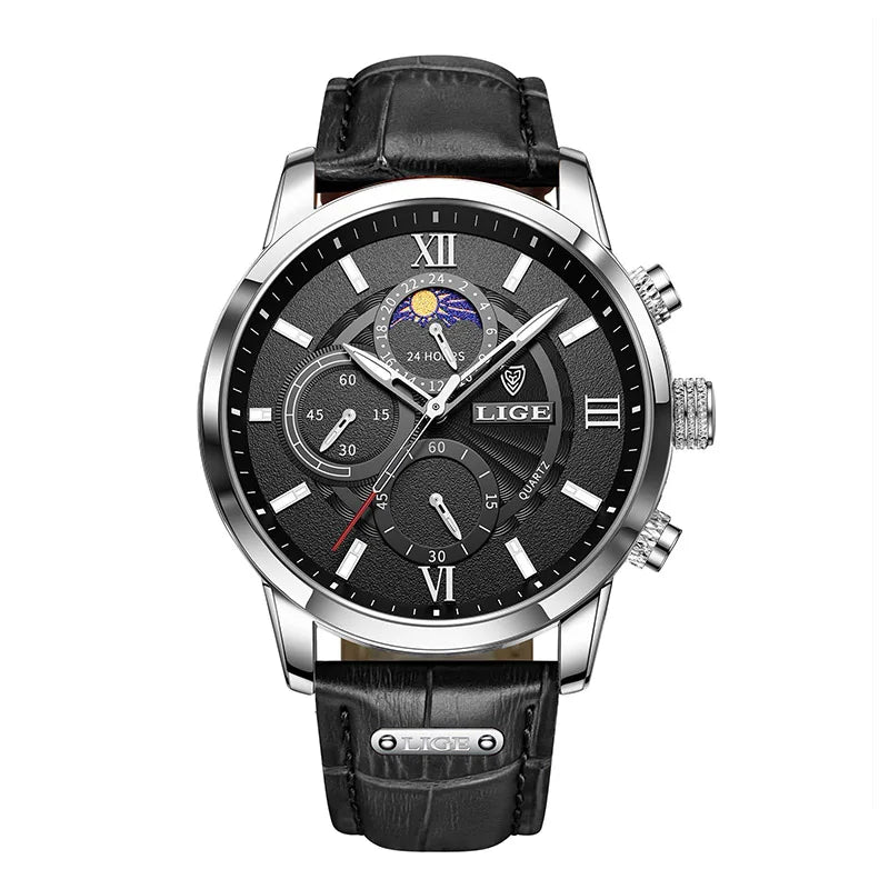 LIGE Watches Mens Luxury Waterproof Quartz Chronograph+Box Silver black