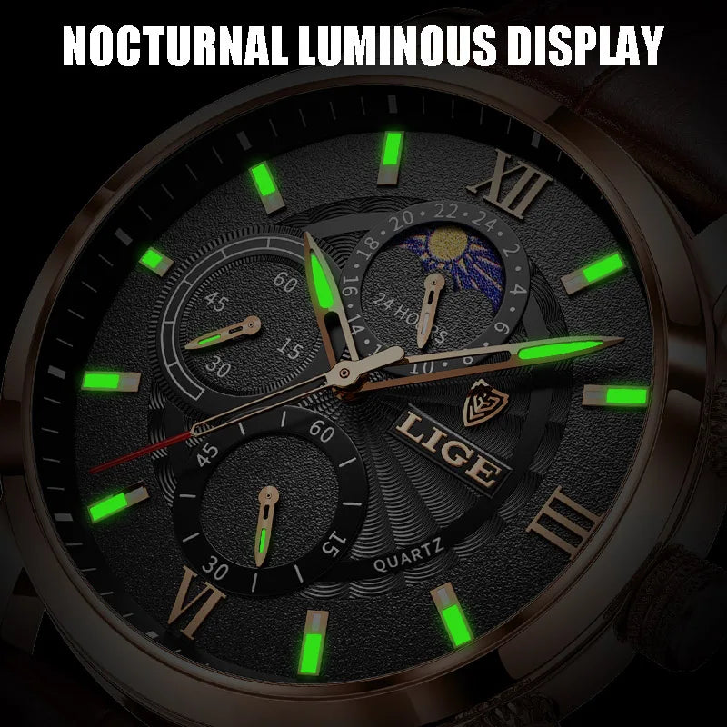 LIGE Watches Mens Luxury Waterproof Quartz Chronograph+Box