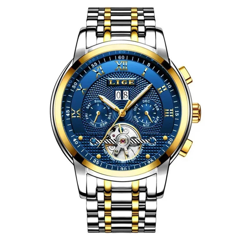 LIGE Mens Watch Luxury Business Automatic Mechanical Watch Waterproof +Box Gold blue steel