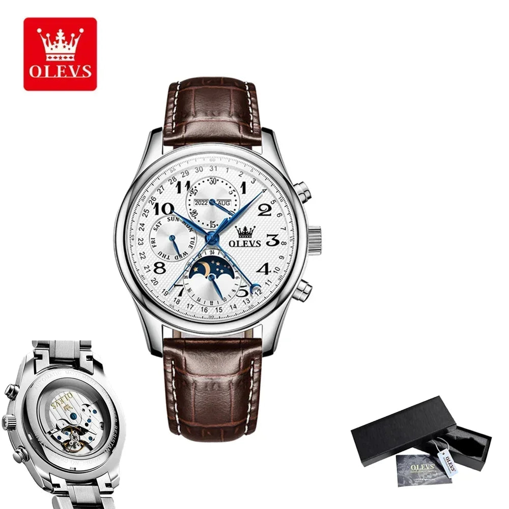 OLEVS Automatic Movement Watch Stainless Steel Multiple Calendar Moon Phase Leather Silver White