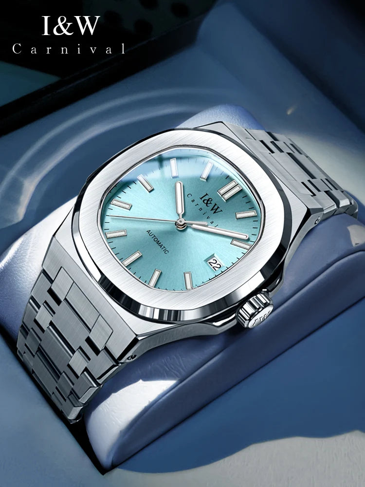 CARNIVAL Mens Watch Luxury Automatic Watch Calendar Sapphire Mechanical Ice blue