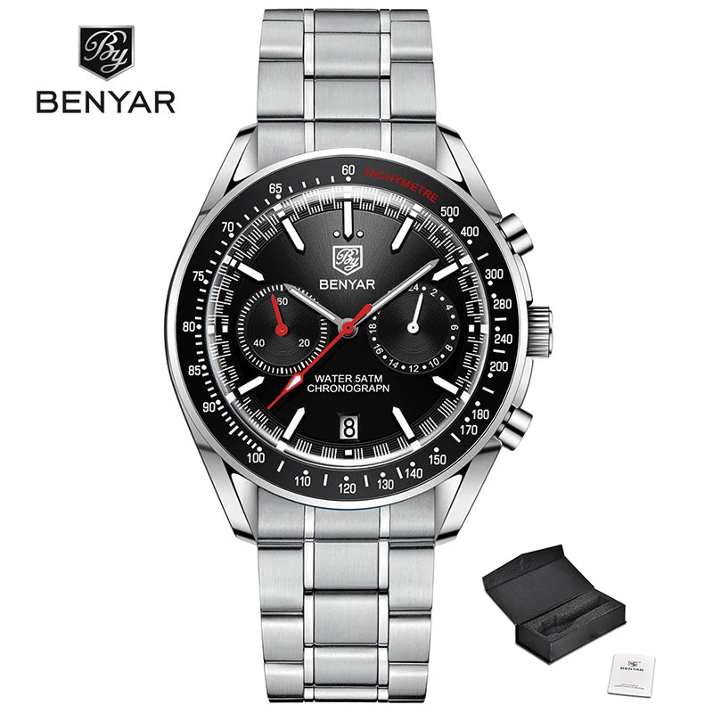BENYAR Mens Watch Luxury Quartz Chronograph Automatic Silver Black CHINA