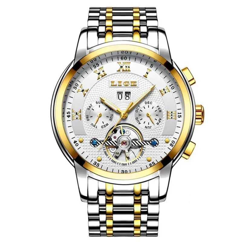 LIGE Mens Watch Luxury Business Automatic Mechanical Watch Waterproof +Box Gold White steel