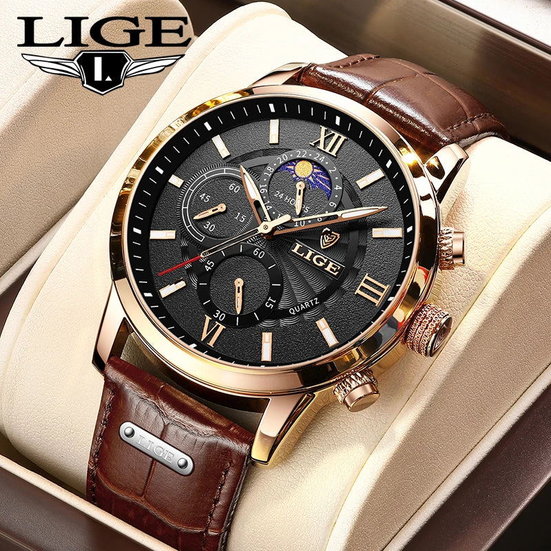 LIGE Watches Mens Luxury Waterproof Quartz Chronograph+Box