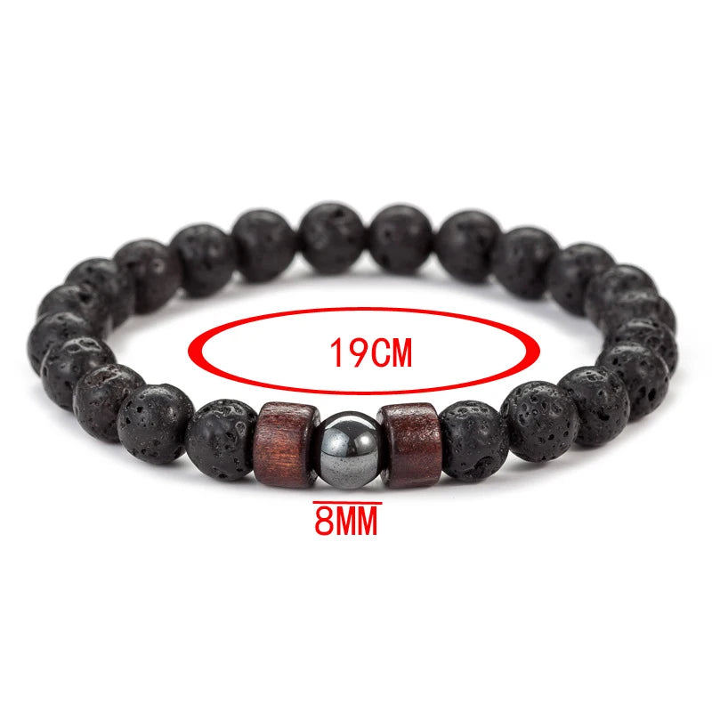 8mm Volcanic Stone Bracelet for Men Lava Wooden Beads Bracelet Tibetan Buddha