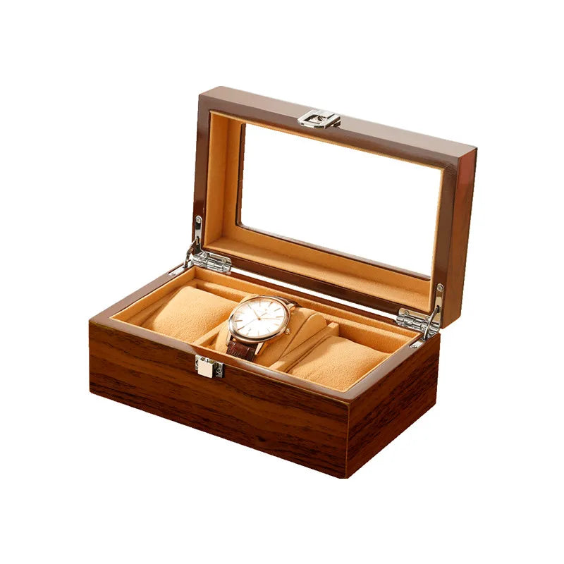 Luxury Wood Grain Watch Box 3 Slots Quartz Brown