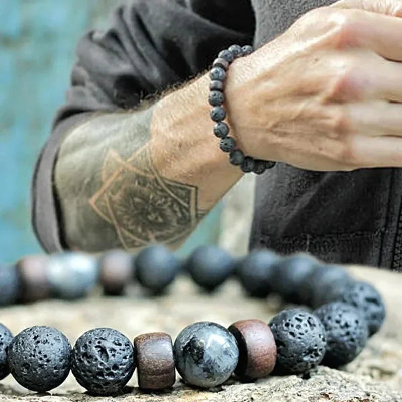 8mm Volcanic Stone Bracelet for Men Lava Wooden Beads Bracelet Tibetan Buddha