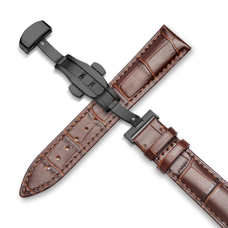 22mm Watch Band Calf Genuine Leather Alligator Grain 18mm 20mm Watch Strap+Box bracelet wristband for Tissot Seiko galaxy 46mm Black-Brown