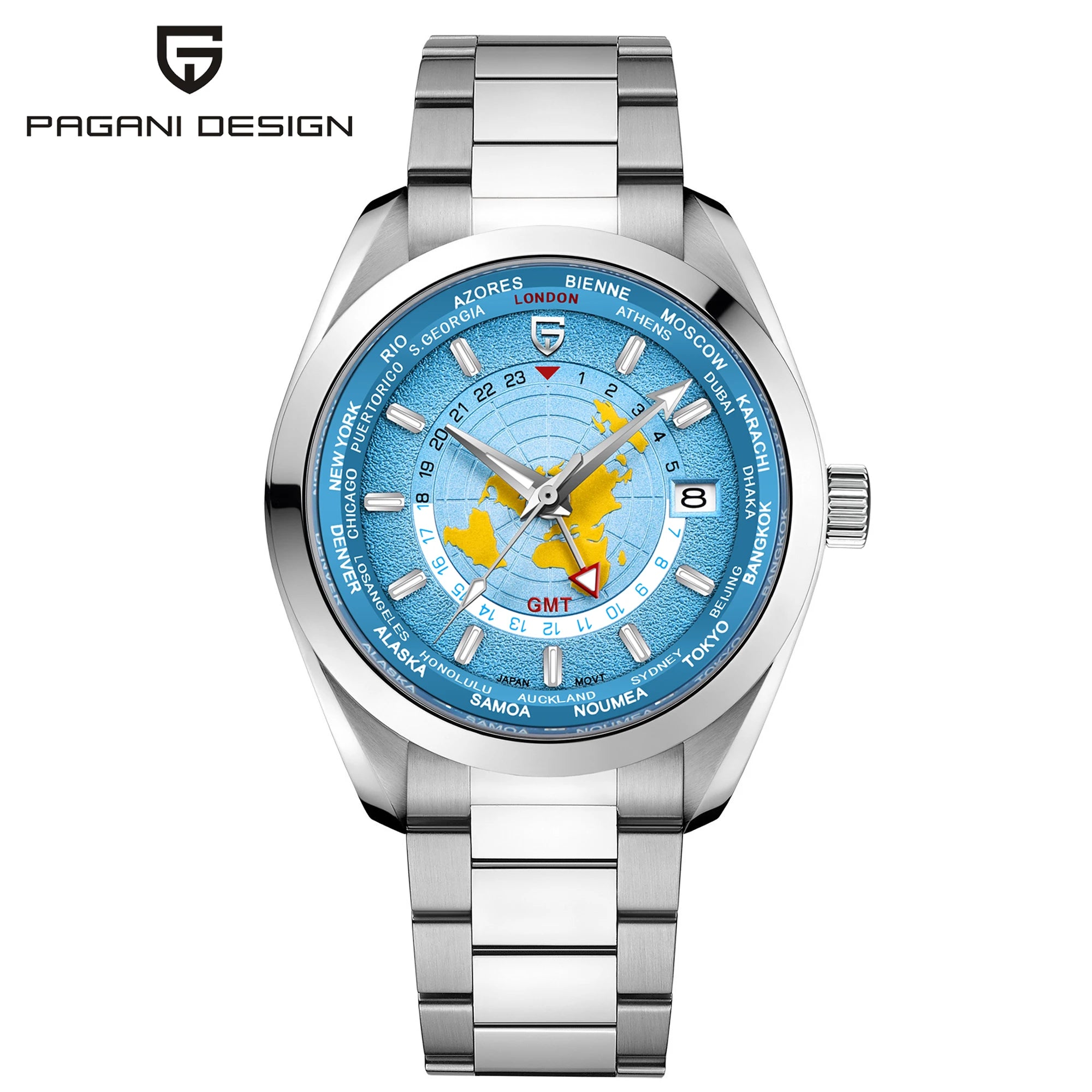 PAGANI DESIGN GMT World Time Watch - 38mm Automatic Men's Luxury Timepiece Ice Blue 38mm