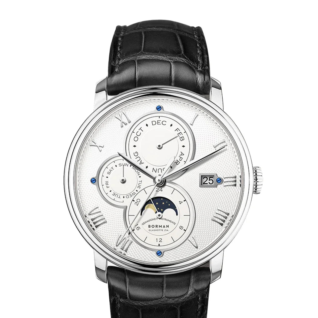 Borman Automatic Watch Self Wind Mechanical Wristwatch Fashion 50M Waterproof Sapphire White and black leather
