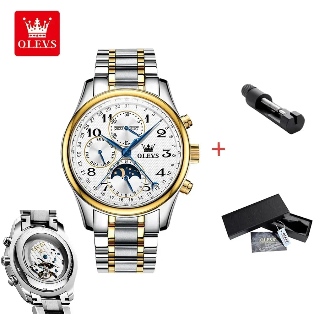 OLEVS Automatic Movement Watch Stainless Steel Multiple Calendar Moon Phase Steel Gold White