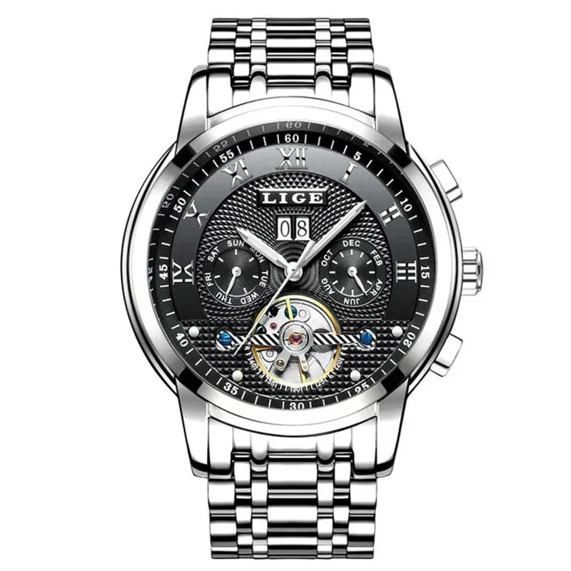LIGE Mens Watch Luxury Business Automatic Mechanical Watch Waterproof +Box Silver black steel