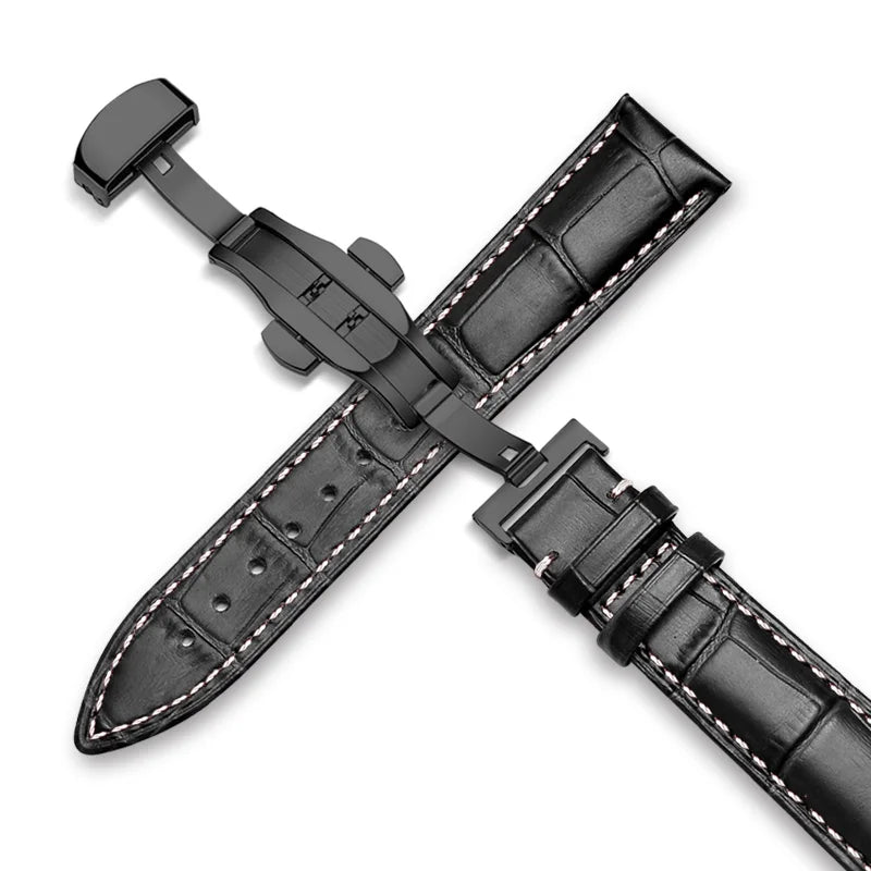 22mm Watch Band Calf Genuine Leather Alligator Grain 18mm 20mm Watch Strap+Box bracelet wristband for Tissot Seiko galaxy 46mm Black-White