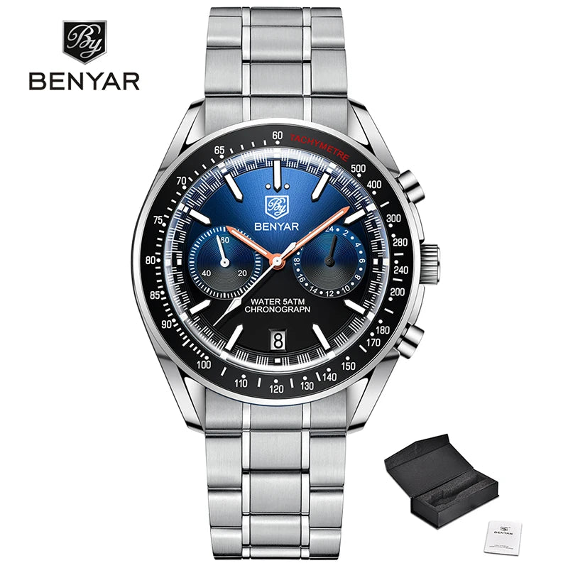 BENYAR Mens Watch Luxury Quartz Chronograph Automatic Silver Blue CHINA