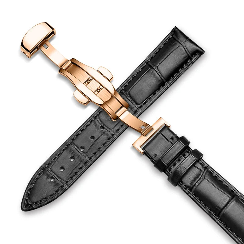 22mm Watch Band Calf Genuine Leather Alligator Grain 18mm 20mm Watch Strap+Box bracelet wristband for Tissot Seiko galaxy 46mm Rose-Black