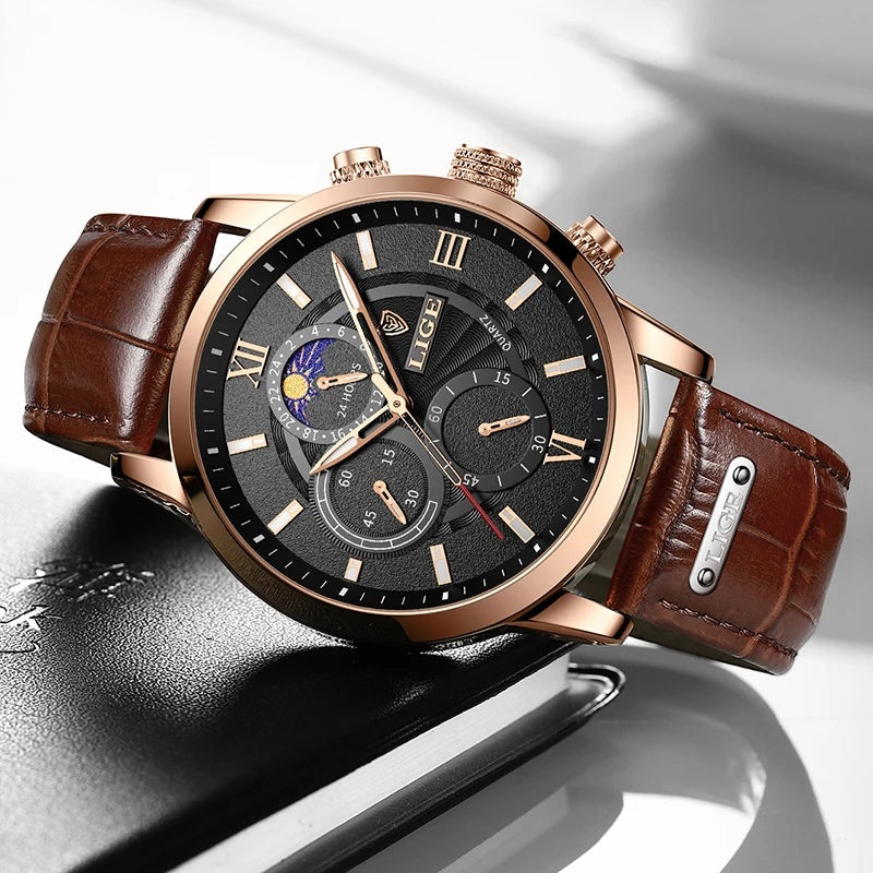 LIGE Watches Mens Luxury Waterproof Quartz Chronograph+Box