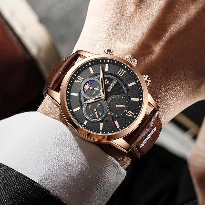 LIGE Watches Mens Luxury Waterproof Quartz Chronograph+Box