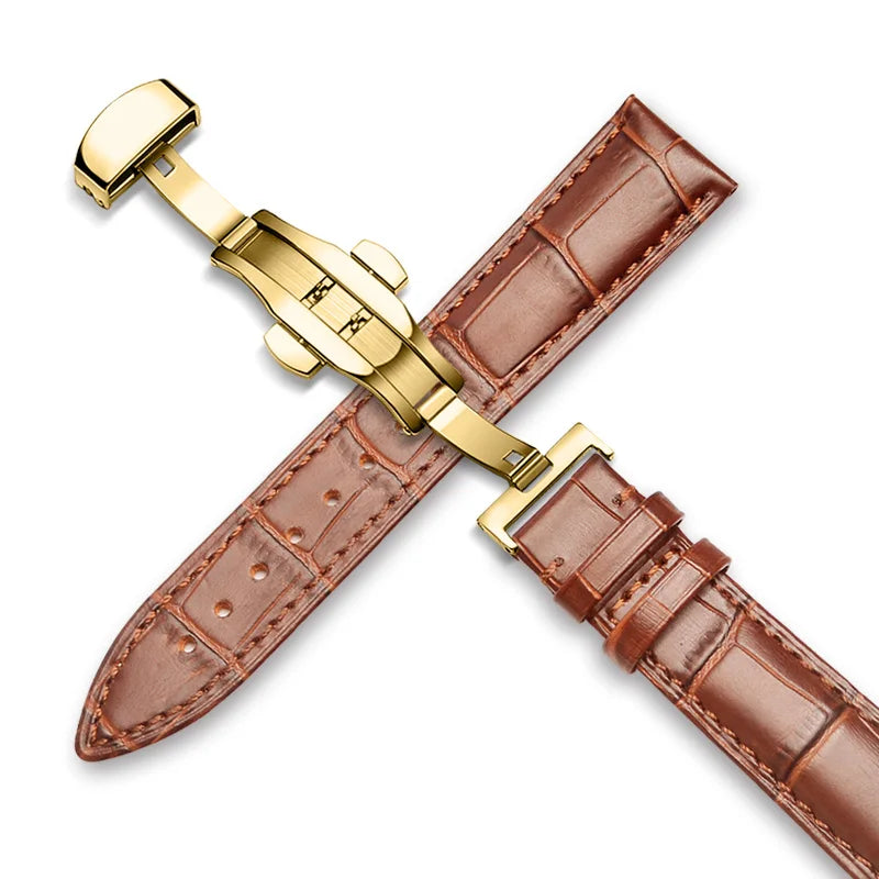 22mm Watch Band Calf Genuine Leather Alligator Grain 18mm 20mm Watch Strap+Box bracelet wristband for Tissot Seiko galaxy 46mm Gold-Light Brown