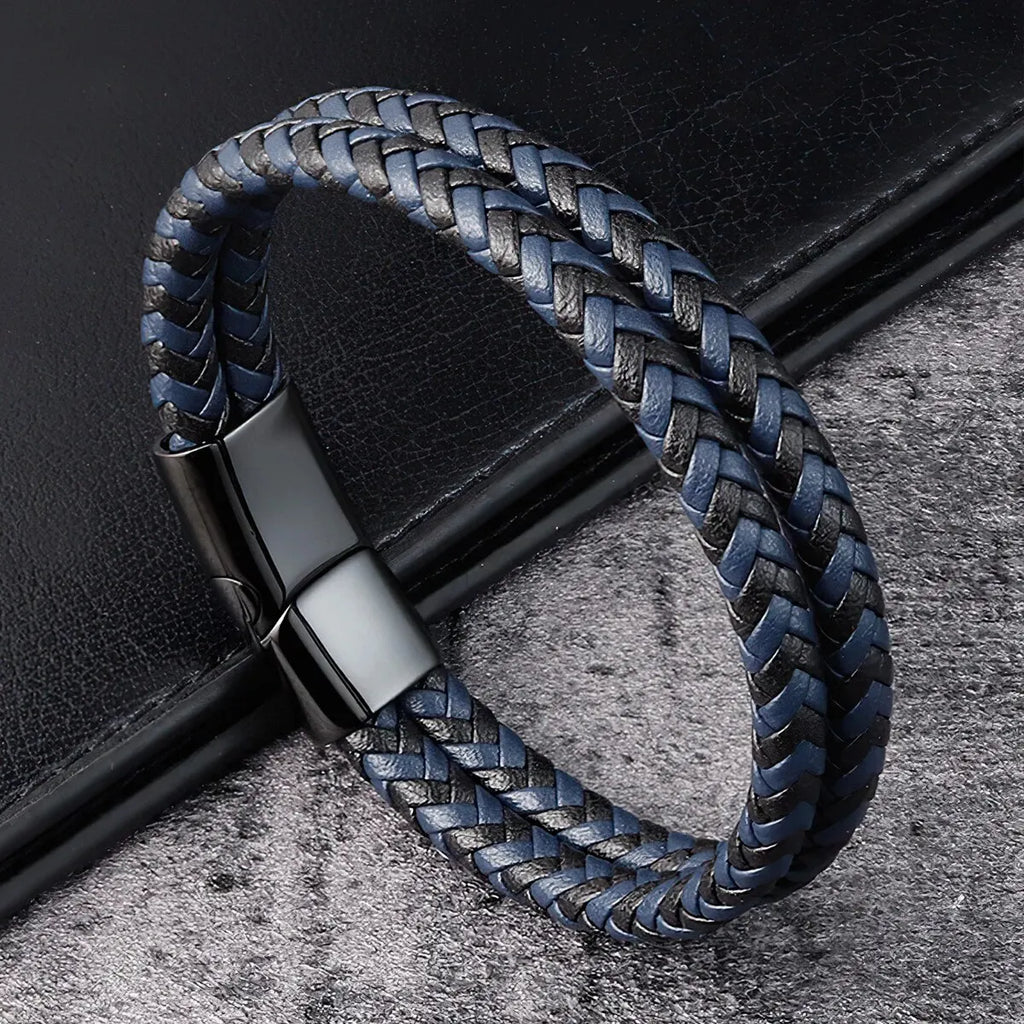 Men Black Blue Braided Genuine Leather Bracelet Double Band Bangle Blue