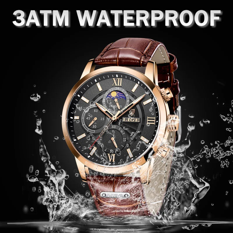 LIGE Watches Mens Luxury Waterproof Quartz Chronograph+Box