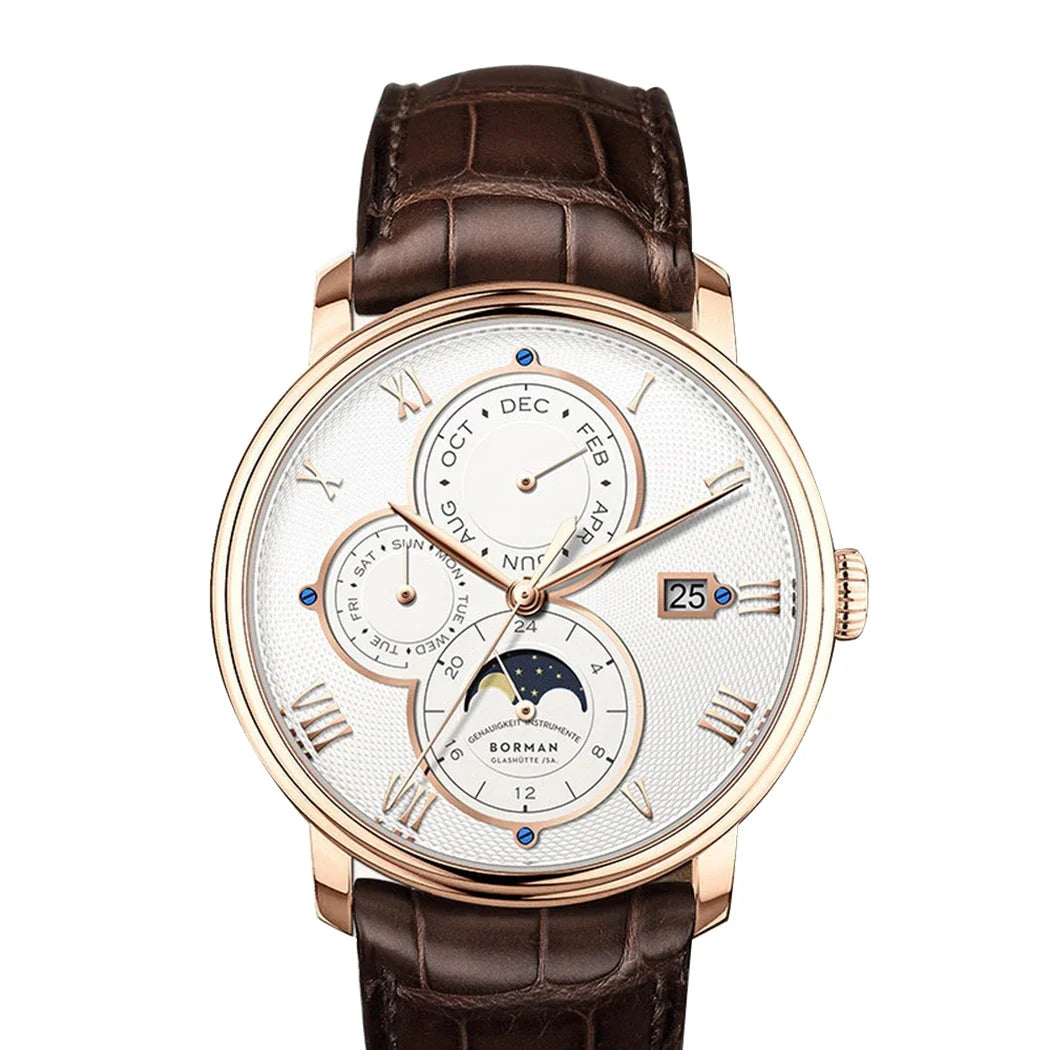 Borman Automatic Watch Self Wind Mechanical Wristwatch Fashion 50M Waterproof Sapphire White and brown leather