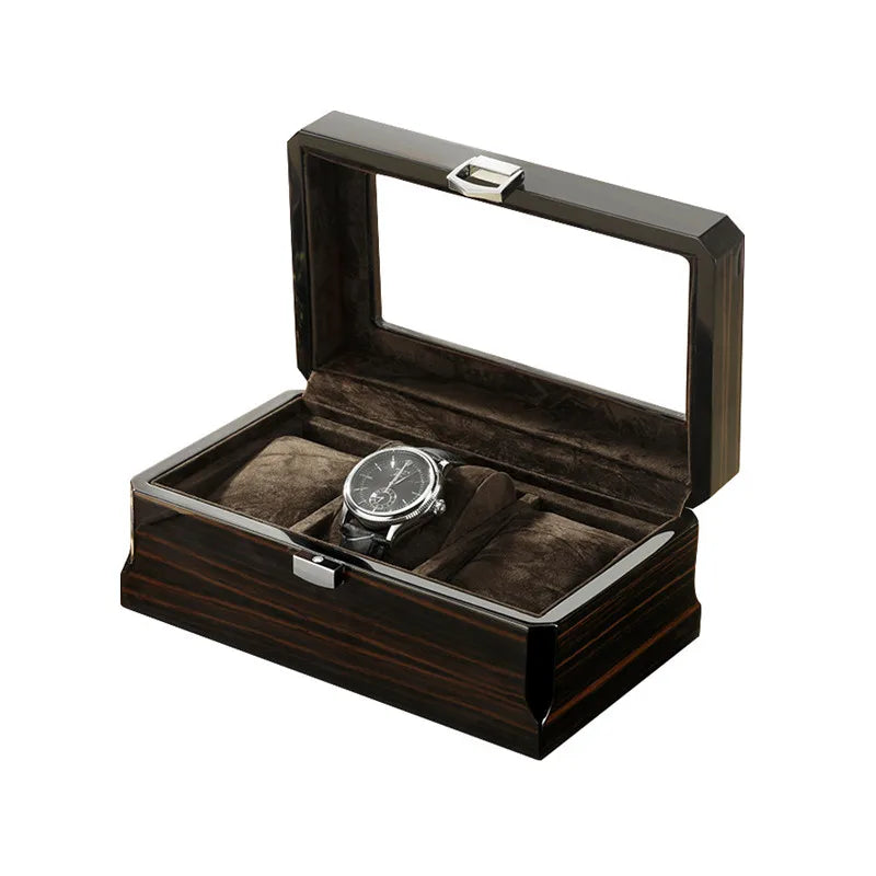 Luxury Wood Grain Watch Box 3 Slots Quartz Dark brown